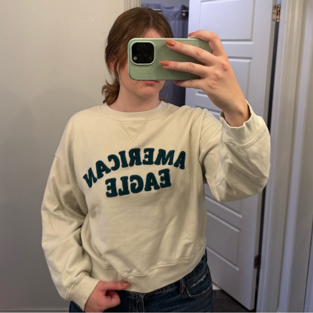 American Eagle Outfitters Cream Sweater with Blue Lettering